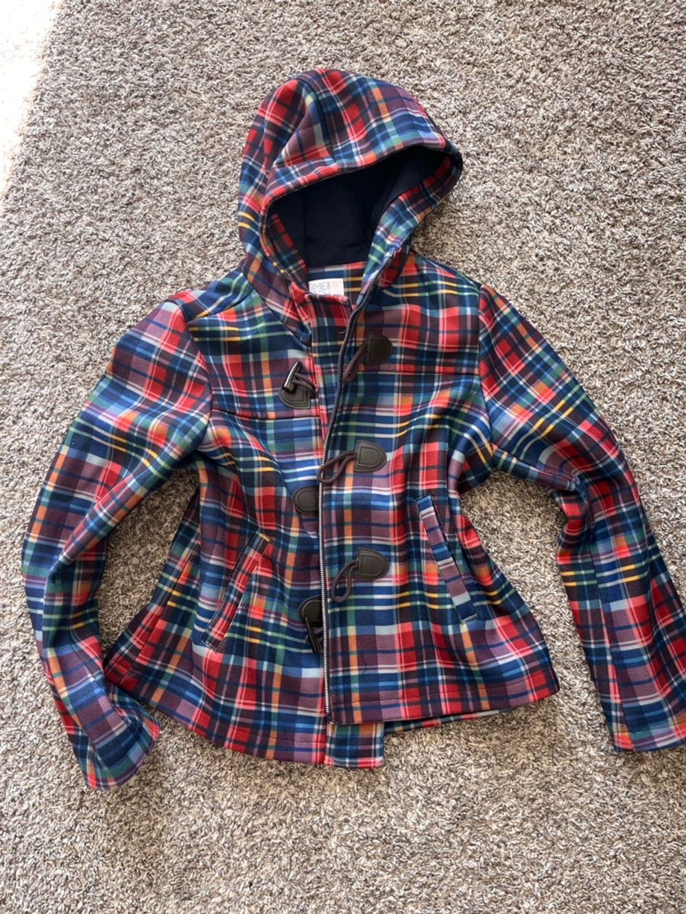Time and Tru Navy Multicolor Plaid Hooded Jacket